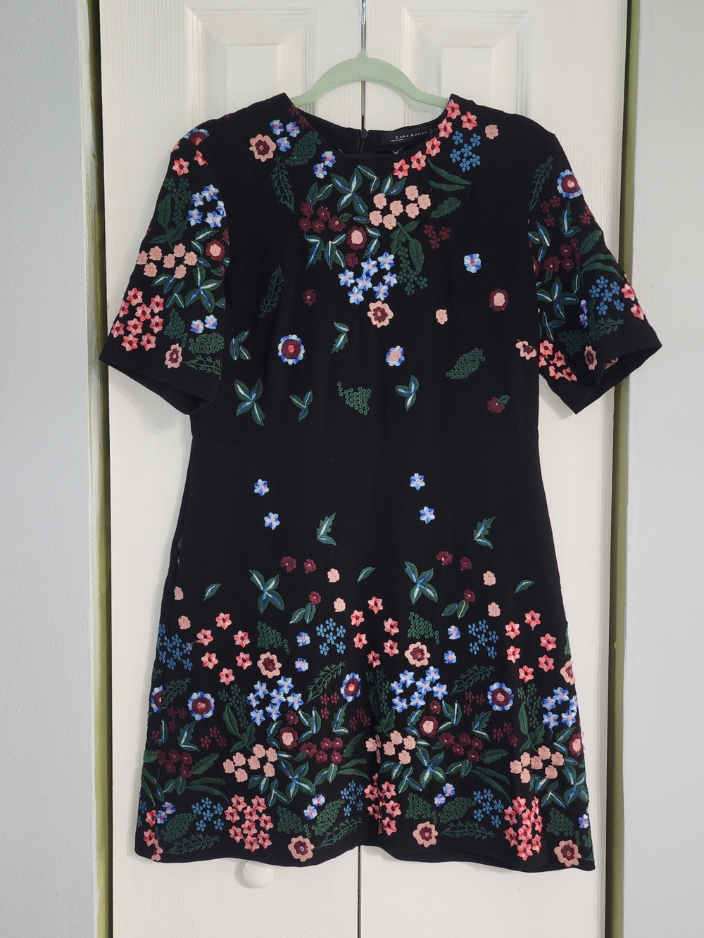 Zara Black Mini Dress with Pink, Blue and Green Floral Embroidery